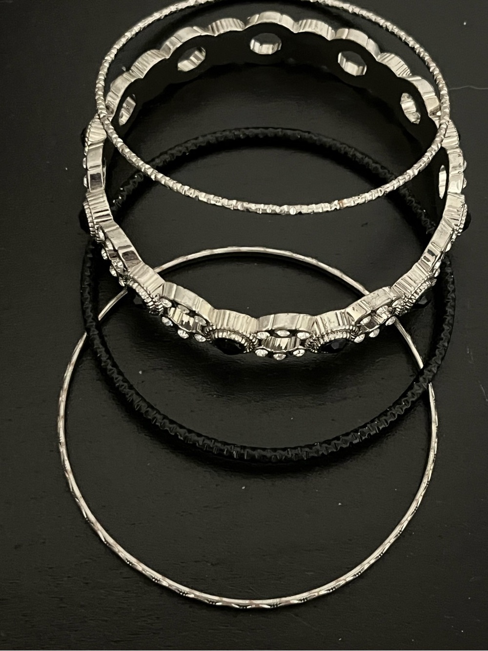 Stacked Silver and Black Women's Bangle Bracelet Set